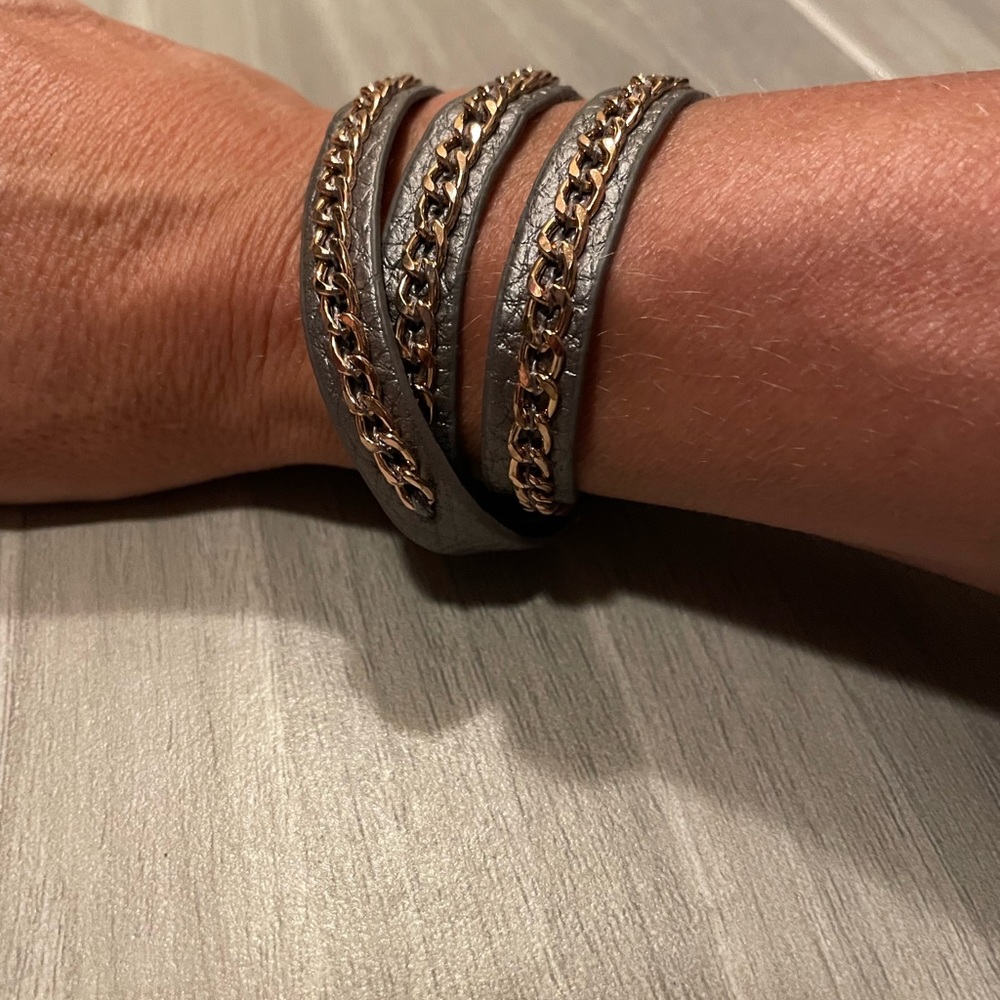 NWOT, Gray Leather, Rose Gold Wrap Bracelet